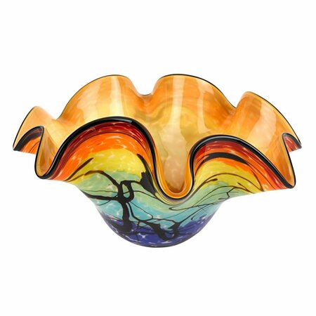 TARIFA 17 in. Mouth Blown Floppy Design Art Glass Centerpiece Bowl - Multi-Color TA3683019